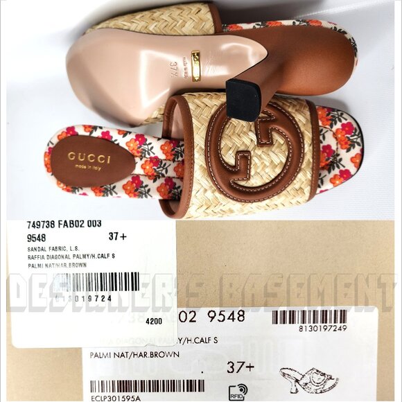 GUCCI Mabel Raffia 37.5EU-7.5US leather Interlocking GG Slide heel Sandals shoes - Picture 4 of 10